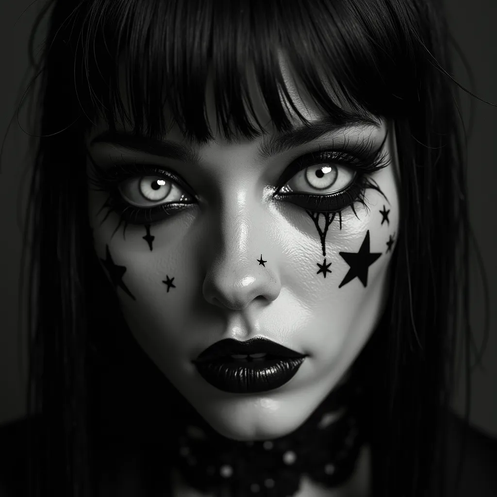 A hyper-realistic, high-definition black-and-white portrait of a gothic woman in extreme close-up. Her eyes are completely white, giving her an otherworldly and haunting appearance. She has black star tattoos on one side of her face, near her eye and cheek...