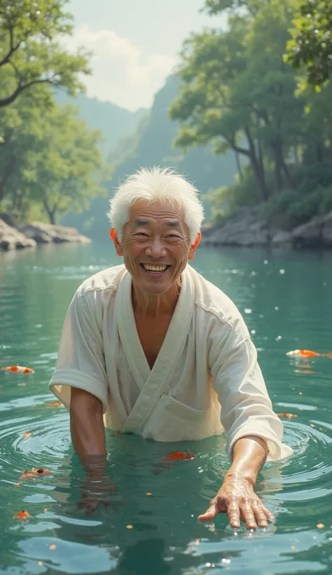 Chinese,  white hair, puts his hand into the lake, cheerful face, fish swim, behind him, a landscape of green trees