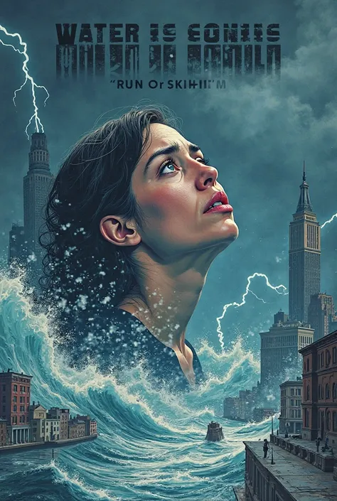 Poster by illustrator Olly Moss, poster for a terrible global catastrophe, surrealism combined with grotesque avant-garde, water theme, global flood, a huge tsunami covers New York, water and a huge destructive tsunami washed away part of the houses and sk...