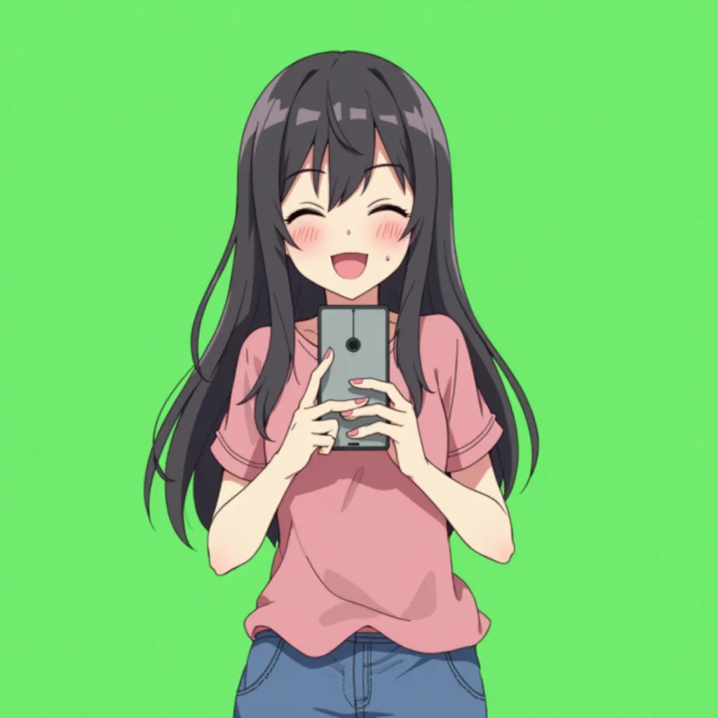 An anime girl with long black or dark brown hair, standing and taking a selfie with a joyful smile. She holds her phone in front of her, capturing the moment while looking into the camera. She is wearing a pink shirt and blue pants, looking cheerful and pl...