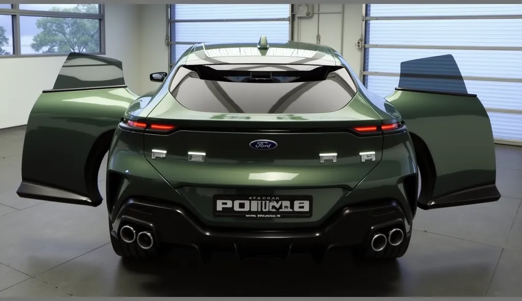 "A futuristic and ultra-realistic Ford Puma 2025 in a sleek, glossy deep green color, positioned inside a modern showroom with large windows reflecting natural light. The car features an advanced, stylish design with smooth aerodynamic curves, an aggressiv...