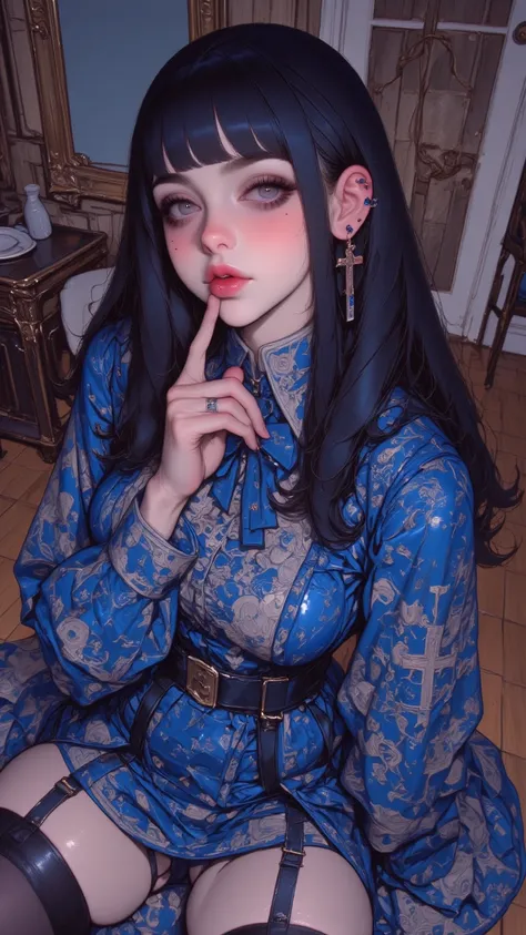 A superb and beautiful portrait of a young girl，View of luxurious room，with purple eyes、dark blue hair color，Long hair flowing between eyes，Wearing blue floral print dress，intricate lace detail， skirt，bow tie，long braids，short braids，Loose dress， Skin Dent...