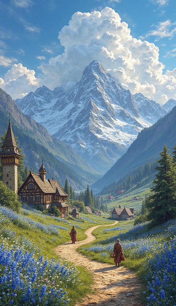 **Prompt:**  
"An enchanting village amidst a flowery valley, surrounded by majestic snow-capped mountains and a vibrant blue sky with voluminous white clouds. The medieval style houses, with wooden roofs and half-timbered walls, are scattered among fields...