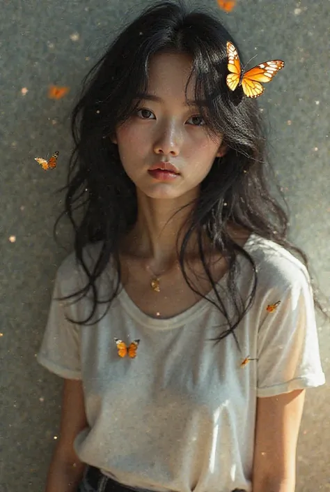  A very beautiful 17-year-old girl ,  with black hair  .Her skin is wheat .It does not show all its features.She is wearing pants and a t-shirt .  There are artificial butterflies on the girl's hair