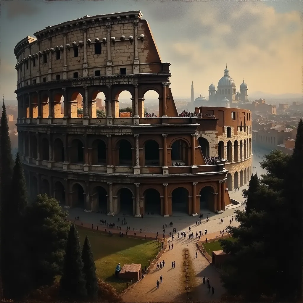 Dark painting of a Roman coliseum, Roman city image background, Roman empire