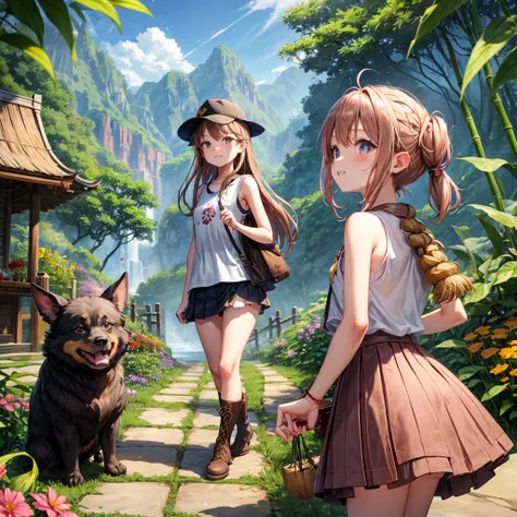 pink brown brown gold hair、 eye、  Has hair tied  、Two cute people、 Check Mini Skirt、  black t-shirt、 Light clothing、 tank top、 camisole、high socks、 Boots、 teeth inside、  The Road Is Crooked 、Mountain々、Stick together  、 bamboo forest、 chest pocket  、rock sa...