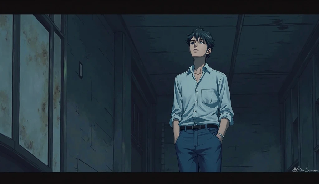  as night falls ，The dim light in the room，A melancholy male ager wearing a white shirt and blue jeans， Firm Eyes ， against your crotch，Looking at the ceiling，Anime style