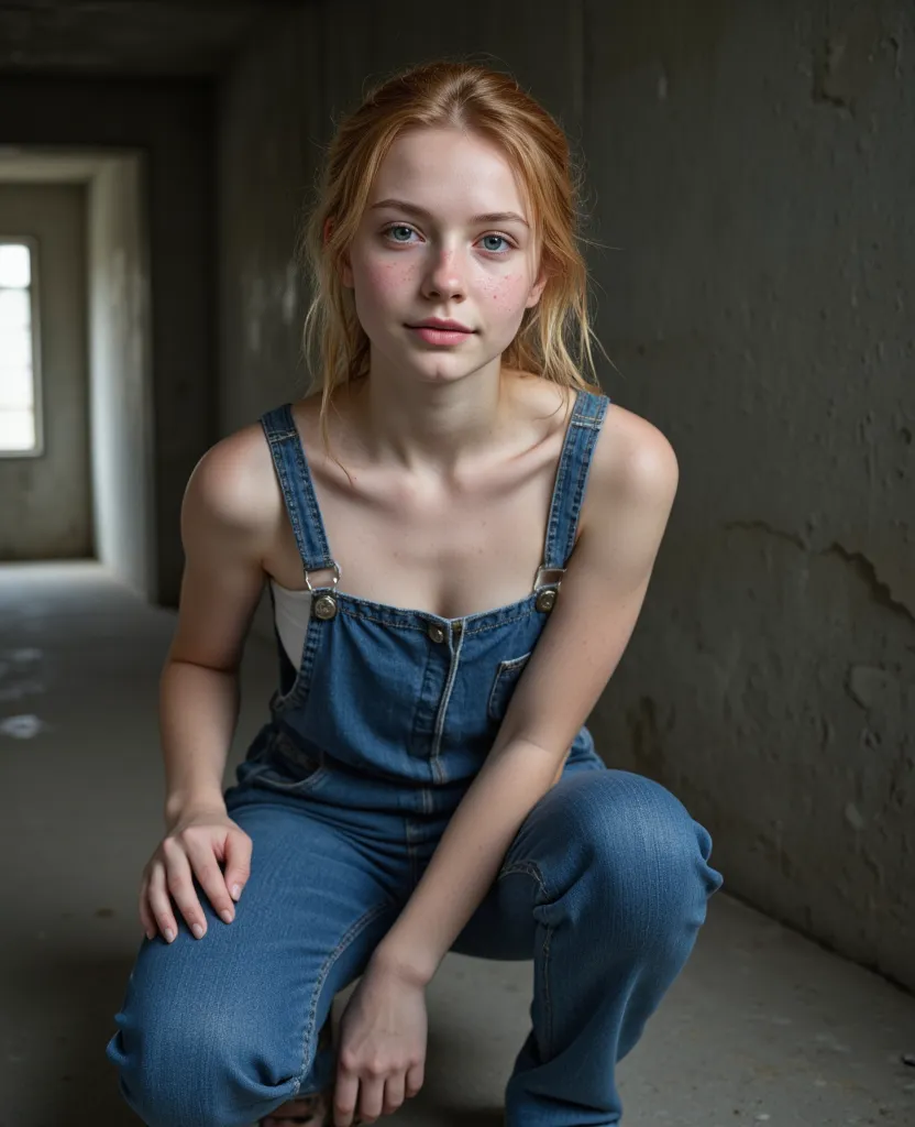 FULL BODY SHOT,  masterpiece, cold room with concrete walls,  ultra high resolution , extremely sharp, (Bokeh Effect:1.2), There is no skeleton to be seen.  A sixteen-year-old girl, that looks like a thirteen-year-old girl from Russia,   157 cm tall  ,  li...