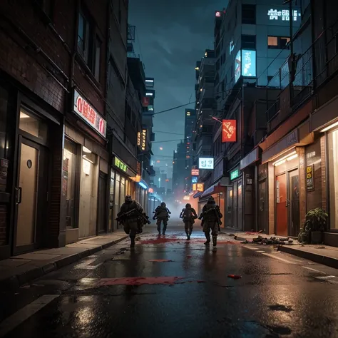 A cyberpunk-inspired isometric pixel-art tactical combat scene set in a dystopian urban environment at nighttime. The setting features a futuristic corporate building with a sleek, dark-tiled rooftop and illuminated windows, standing on a city block surrou...