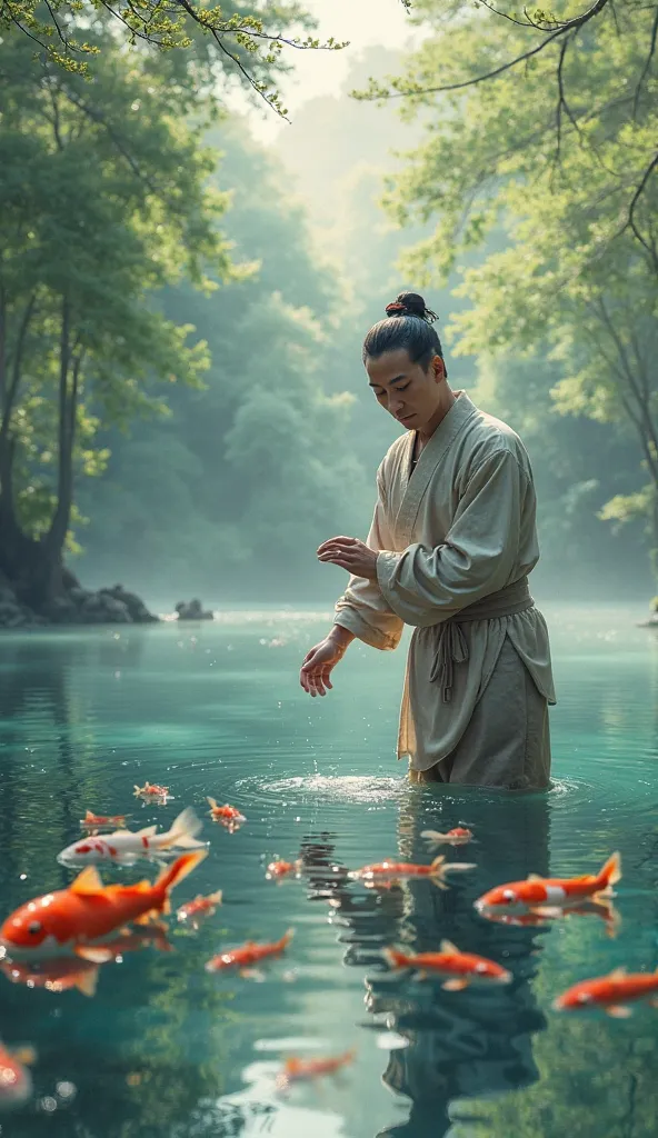 Chinese, puts his hand into the lake, fish swim, behind him, a landscape of green trees