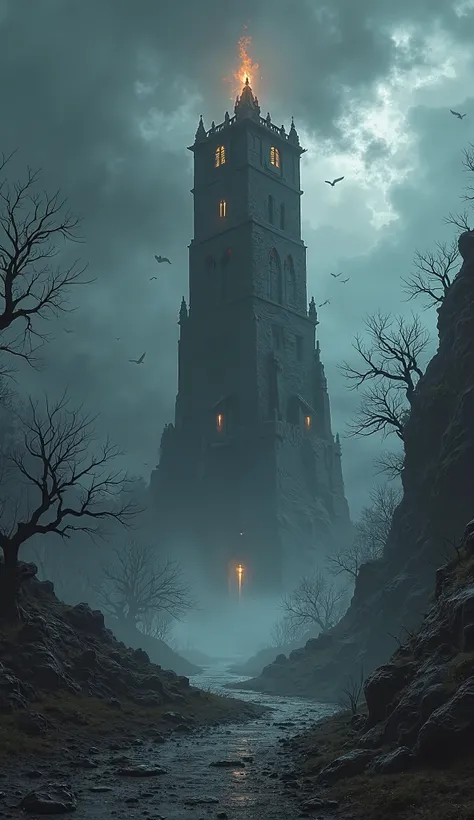 In a foreboding landscape shrouded in twilight, a dark tower looms ominously against a backdrop of stormy skies. This sinister structure, built from blackened stone and jagged obsidian, rises sharply from a desolate valley, its silhouette stark against the...