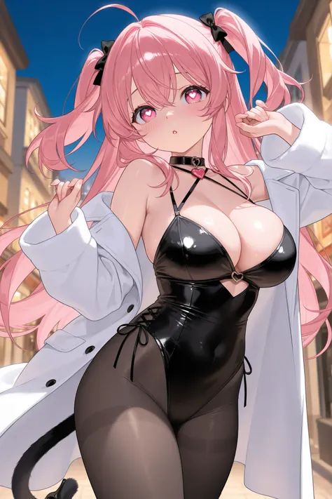 、  best thighs、 beautiful skin、high resolution、  Long Coat 、 pink hair、salmon pink eyes、 black tights、Cat&#39;s tail、  Heart Eyes 、Beautiful breasts、E Cup、Valentine、blush、Around town