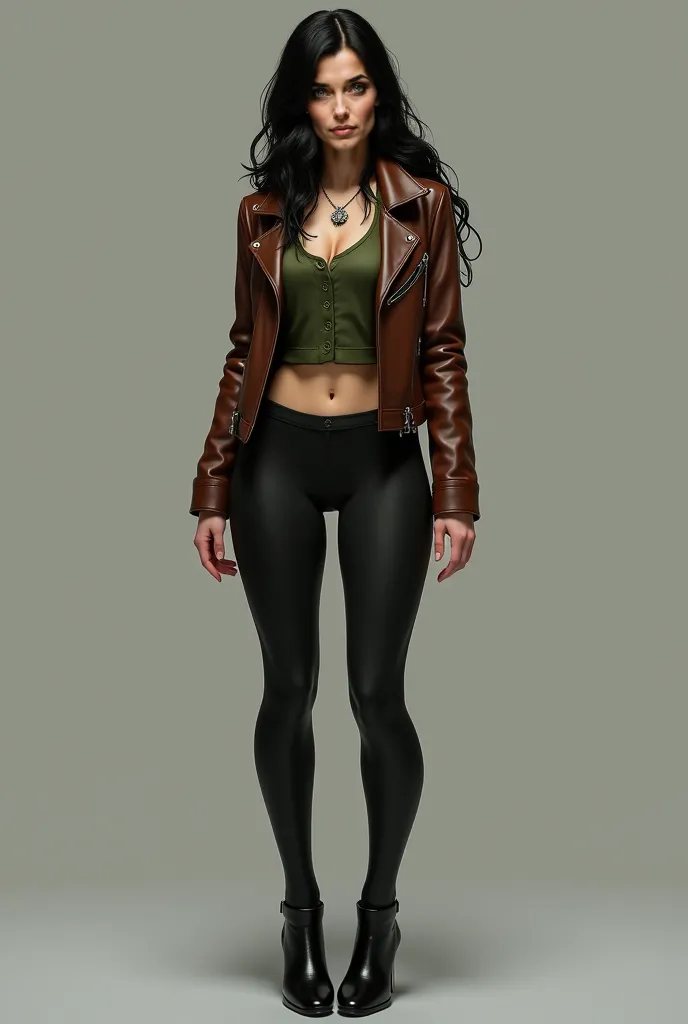  Woman, Realistic, black hair, long hair, moss green blouse, steel necklace with pendant,  brown leather jacket, dark black lycra pants,  black heel shoes, with anger,  brown leather jacket,  sexy body, Realistic, Realistic, High resolution, 4K.