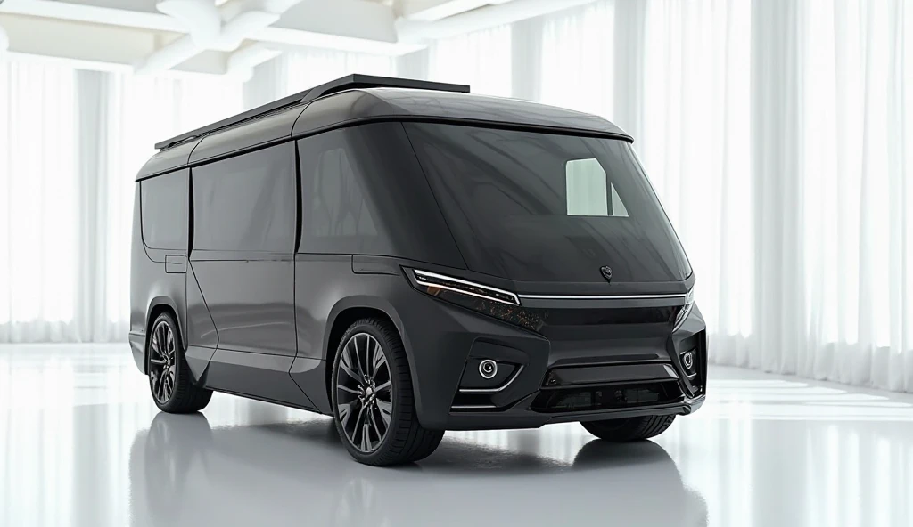 A captivating image of 2025  Motorhome camper hybrid  with black pic of front side view in a luxurious white showroom.