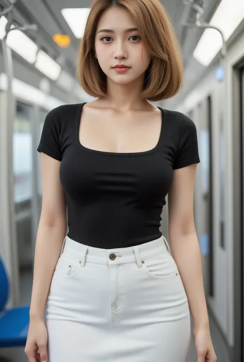 Thai woman is standing on skytrain. Bob curve in hair style, golden color. Innocent, youthful facial features. natural makeup with coral lipstick. Wearing black square neck shirt, a white mini jean skirt, (large ass:1.3), large full breasts, shallow depth ...