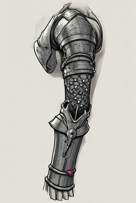 "A 2D flattened tattoo sleeve design in a graphic style with medium detailing. The sleeve features segmented medieval armor with clear separations between the plates. The shoulder area has a prominent armor plate with engraved patterns, while the elbow is ...