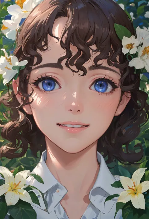 Romantic comedy anime style。A young man like a woman。Curly hair, slender and cat eyes。dress shirt with an open chest。tropical flowers in the background。