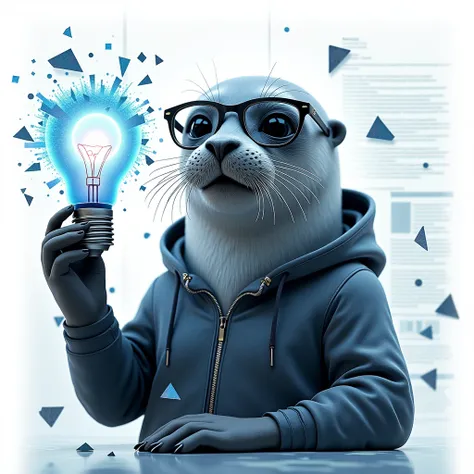 Generate a highly detailed 3D cinematic render featuring a realistic seal with natural fur, whiskers, and lifelike eyes, humanized with developer traits. The seal should be depicted wearing glasses and a modern hoodie, exuding a tech-savvy, professional de...