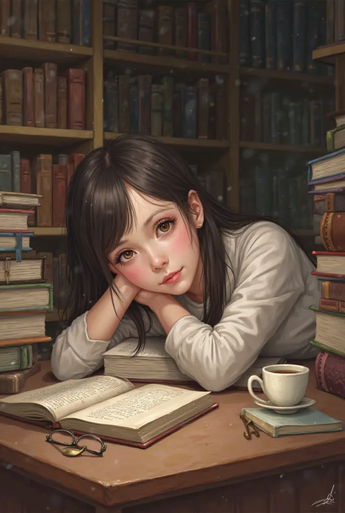 A girl laying on her books and showing her eyes
