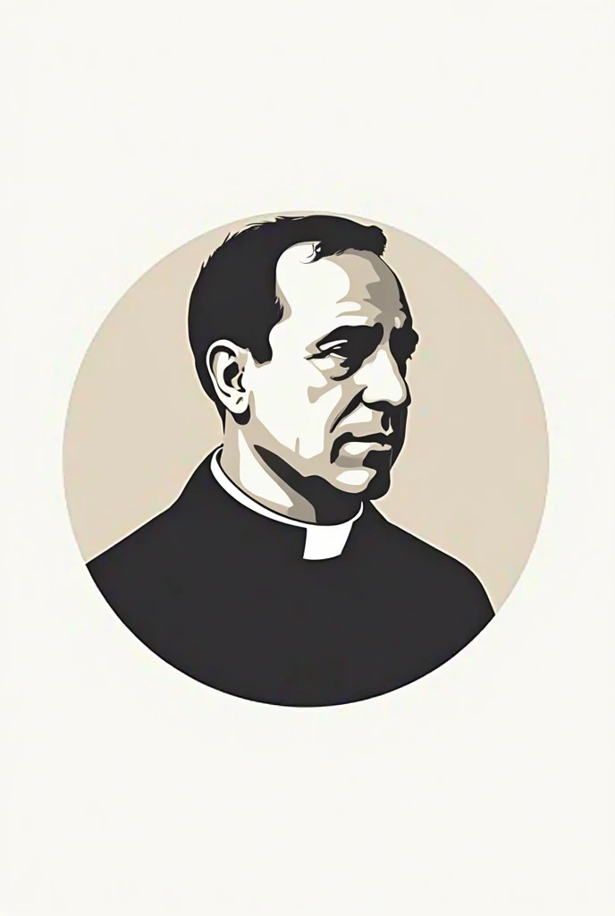 Make me a logo with the following elements: at the top, the face of a priest wearing a black cassock with a white collar, inside a circle; just below, a strip, similar to those welcome banners; this logo should be minimalist and objective.