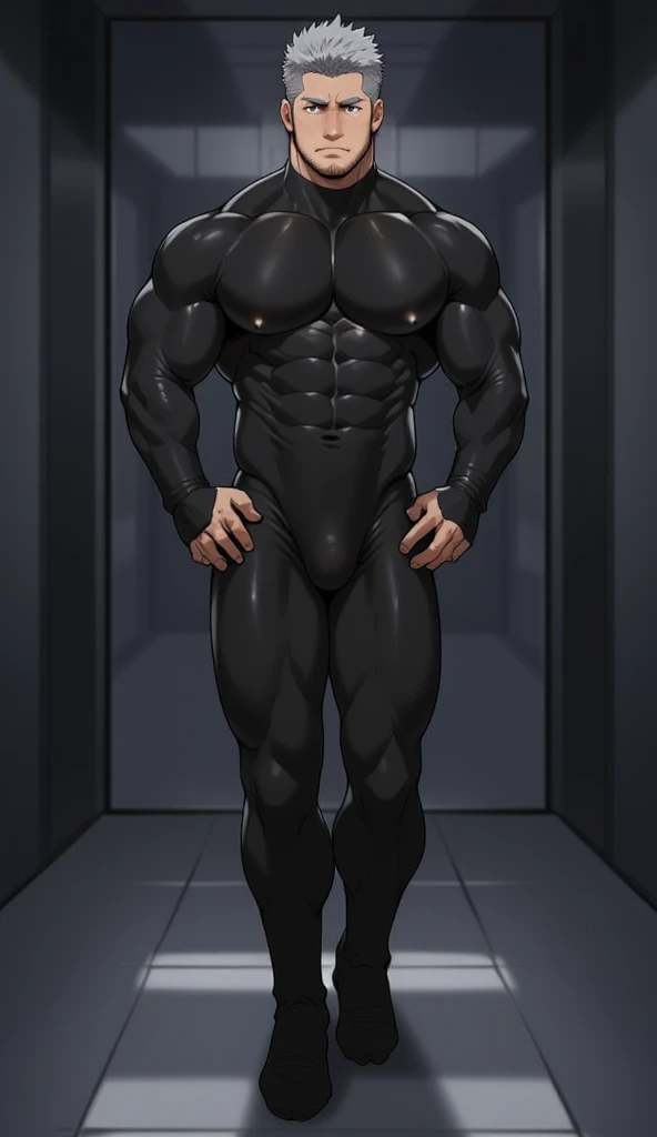 anime character: anime handsome,High image quality.  in the futuristic dark room. Muscular, Face the front. Manly. A man in a tight black latex suit handsome. dark gray hair．dark eye．proudly. The black full-body latex full-body tights he is wearing will ne...