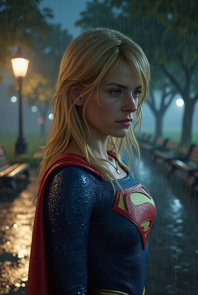 A highly realistic 3D render of Supergirl standing in a park at night, drenched in the pouring rain. Her blonde hair is soaked, strands sticking to her face as raindrops roll down her cheeks. Her blue and red costume is wet and clings to her body, reflecti...