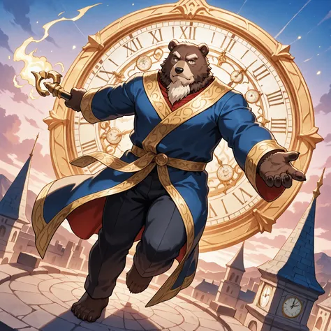 character focus, full body, looking away, dynamic angle, european fantasy, wizard, a muscular middle-aged bear man, heroic costume clothes, robe, shirt, pants, magic stick, casting time magic, clock effect, dynamic pose, BREAK full body in Michelangelo Buo...