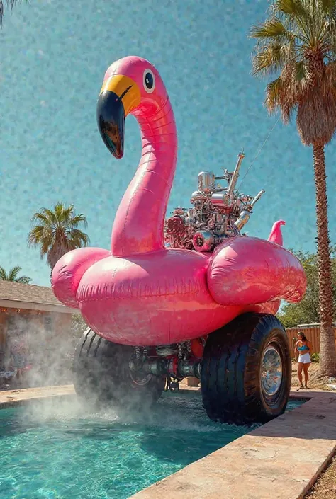 In a surreal, sun-drenched backyard oasis, a colossal pink flamingo pool floatie dominates the scene, its glossy surface shimmering under the bright rays of the midday sun. The flamingo’s oversized eyes, once cheerful and inviting, now squint in fury as th...