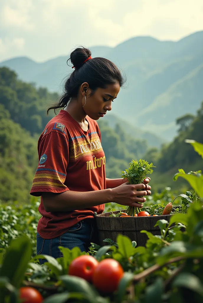 A beautiful woman from Papua New Guinea working in her garden gathering vegetables wearing a Shirt With the word "Apo Moho" printed on it on a misty mountains 