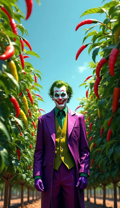 Create a vibrant, surreal digital artwork featuring the Joker, the iconic Batman villain, standing in a lush chili pepper farm. The Joker should be depicted in his classic purple suit with green accents, wearing a purple coat, green vest, and purple gloves...