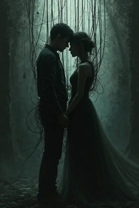 Damon and Eleanor separated by shadows, with black wires connecting them as if they were puppets of the entity.