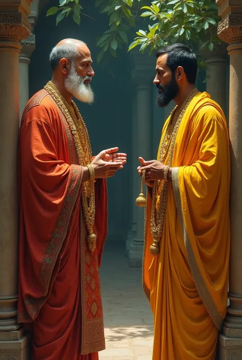 A wealthy man in luxurious ancient Indian attire, wearing gold jewelry, approaches Gautama Buddha. His expression is serious, and he holds a silk pouch filled with coins, symbolizing his wealth.