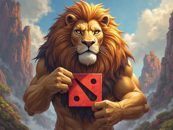 the lion holding the Dota 2 logo with his paw