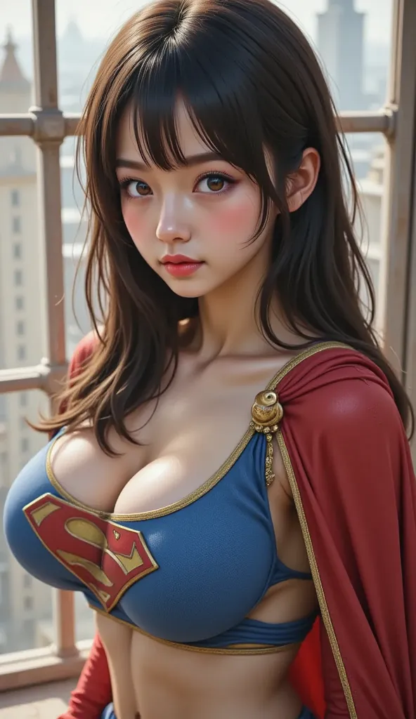 (SUPERGIRL) Generate a detailed, masterpiece quality image of a young Japanese woman, approximately 160cm tall, with a sensual physique. She is wearing a 1980s Supergirl costume, including the cape, and is standing on a ledge. Her pose involves her squeezi...