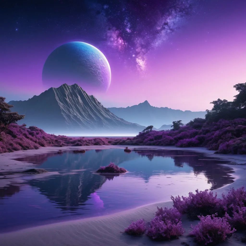 A landscape of an alien planet dark gray sand purple vegetation, Sky and lake in lilac colors, the Star that bathes the world in light is blue