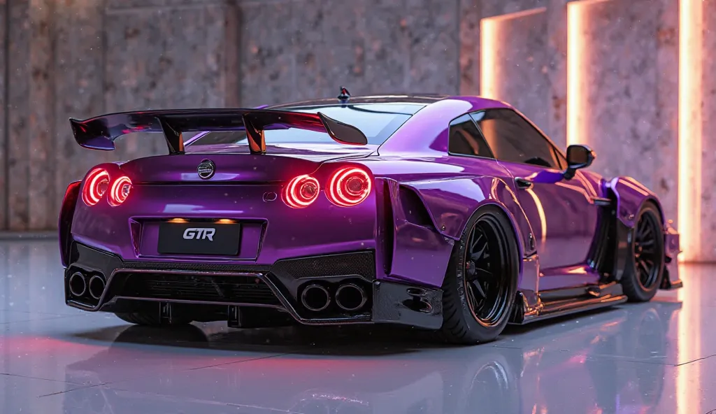 create an ultra-detailed 3D render, of a modern  (2026 Nissan GTR)  with a bold design looking long captured from ( back view. The car should feature a ('Gleamy cream purple  Volet) color with a ( GTR logo on its front), a large white detailed grille like ...