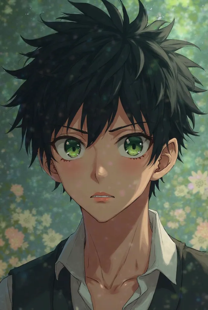 A black-haired guy with green eyes between the ages of 18 and 20 , looks full of life ,his hair flies lightly , Looking ahead  , The face is a little sad. , An anime character 