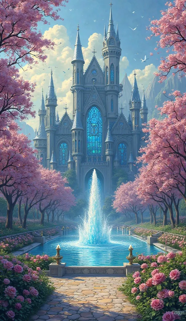 Here is a detailed prompt based on the image, following an illustration style with oil painting and elements of surrealism:  

**Prompt:**  
"A magnificent magical city emerges amidst a landscape of dreams where.  in the center, an imposing blue crystal ca...