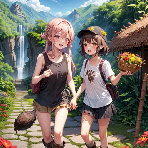 pink brown brown gold hair、 eye、  Has hair tied  、Two cute people、 Check Mini Skirt、  black t-shirt、 Light clothing、 tank top、 camisole、high socks、 Boots、 teeth inside、  The Road Is Crooked 、Mountain々、Stick together  、 bamboo forest、 chest pocket  、rock sa...