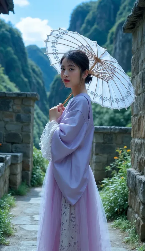   Ai Spell:Drawn in Classical Brush Style，Female Protagonist as Dili Zumba's face，tulle skirt with white embroidered light blue lotus，Light Purple Cloak，Cuffs With Lace Lace。holding white painted black patterned paper umbrella，Eye Lament Fear，Willow frowne...