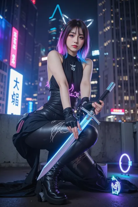 A breathtakingly stylish cyberpunk ninja, rendered in stunning Japanese anime aesthetics, moves through a neon-lit futuristic cityscape. Her sleek, form-fitting tactical bodysuit is enhanced with high-tech armor plates and glowing cybernetic accents, seaml...