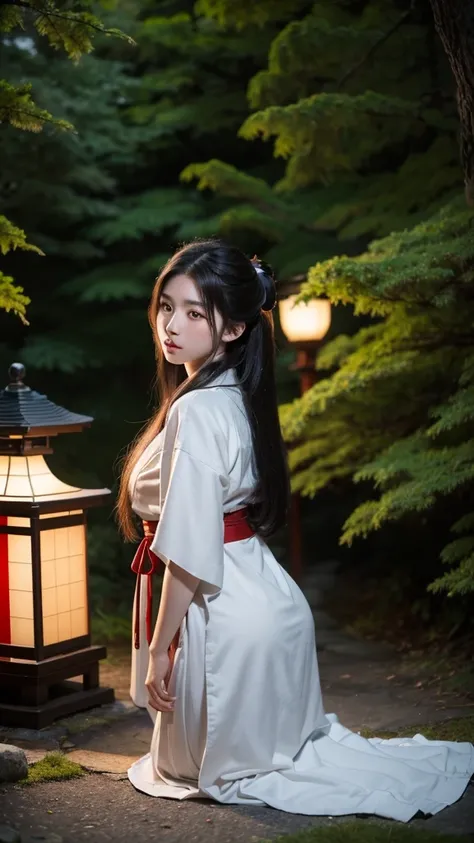 8k, RAW photo, best quality, masterpiece:1.2), (realistic, photo-realistic:1.4), (extremely detailed 8k wallpaper)."A highly realistic 20-year-old Japanese shrine maiden kneels beside a majestic white wolf under the full moon. She has delicate features, la...