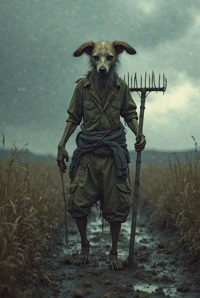 A severely emaciated anthropomorphic dog wearing ragged clothes, holding a rake in a muddy farmland under a stormy sky, dramatic lighting, dark and moody tone, hyperrealistic details, post-apocalyptic concept art style, 8K, trending on ArtStation