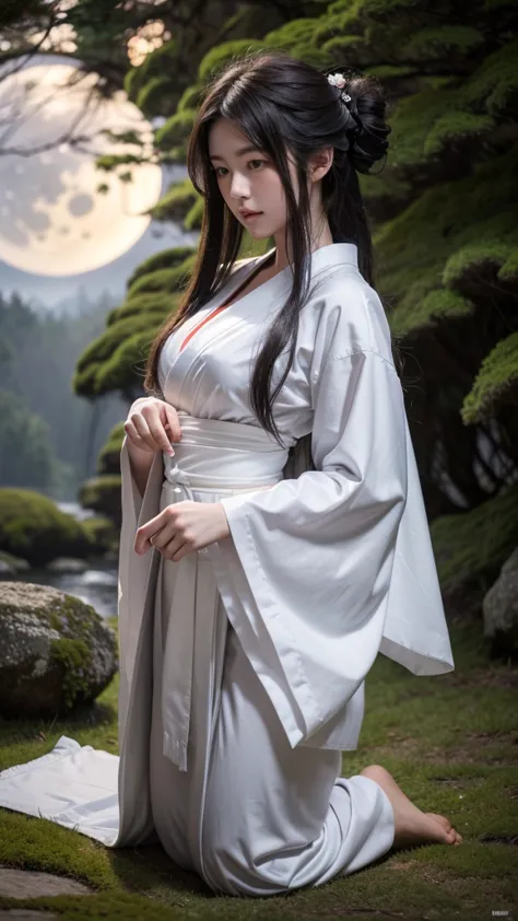 8k, RAW photo, best quality, masterpiece:1.2), (realistic, photo-realistic:1.4), (extremely detailed 8k wallpaper)."A highly realistic 20-year-old Japanese shrine maiden kneels beside a majestic white wolf under the full moon. She has delicate features, la...