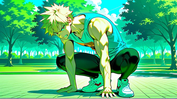 bakugo katsuki,    red eyes, Blonde Hair,     Detailed,  Short Hair,    wide shoulders    ,     muscular male    ,  Alone , male focus,    light blue sleeveless t-shirt  , 8K, Park background,      blue sky,     nubes blancas, ,    seen from the front  ,  ...