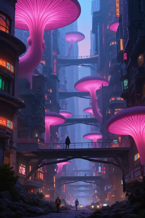 Cyberpunk mushroom city 