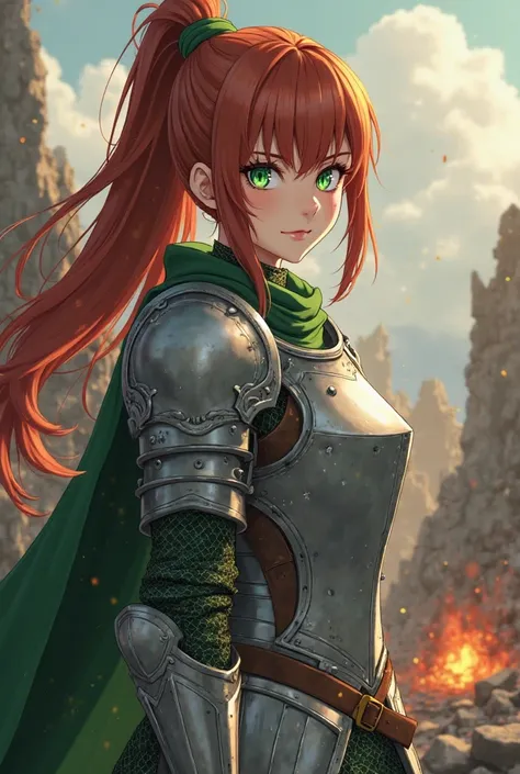 "4K anime style quality, digital drawing mode, a fearless female knight with long auburn hair tied in a ponytail, deep emerald eyes filled with determination, wearing green and silver plate armor, standing on the battlefield with smoldering ruins, full bod...