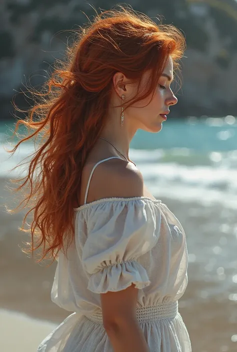 vêtement décontracté blanc il et dans monde fantastique avec une femme avec des cheveux rouge long bouclé fantastique avec la femme aux cheveux rouge il se retrouve dans monde fantastique magnefique avec plain de couleur il sont côté à côté  sur la plage c...