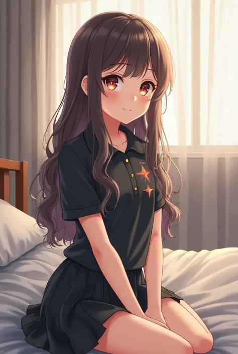 young cute japanese girl with long, wavy hair sitting on a bed. Detailed beautiful face, detailed beautiful skin, star in her eyes. She is wearing a black short-sleeve polo shirt with buttons and a black skirt. The background includes a bed with a grey bla...