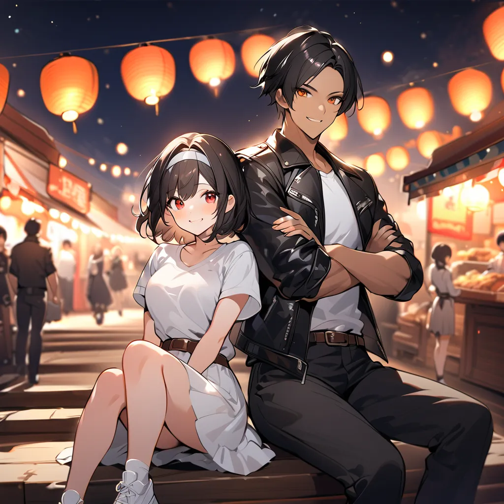 Under the night sky, in an outdoor fair-like atmosphere, a man and a woman sit on a staircase, posing with their fists raised. couple, smiling, cute, shorthair, black hair, red eyes, dark skin, ((black leather jacket with rolled up arms)), open jacket, bla...